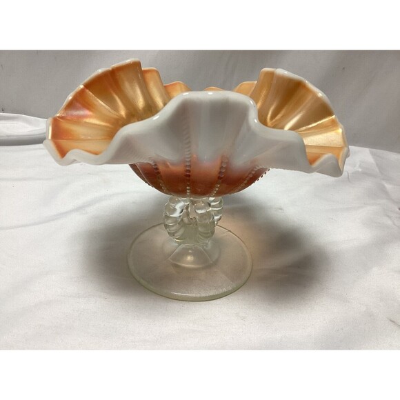 Dugan Beaded Panels Peach Opalescent Open Stemmed Carnival Glass Compote ca 1915